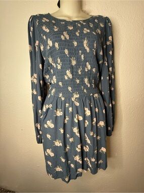 NWT Blue Floral Long-Sleeve Smocked Waist Dress